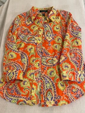 Lauren Ralph Lauren 100% Cotton Bright Orange Paisley Button-Down Shirt